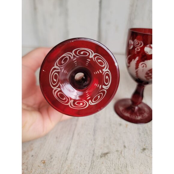 Egermann red cup Bohemian etched glass set collectible vintage - Picture 11 of 13